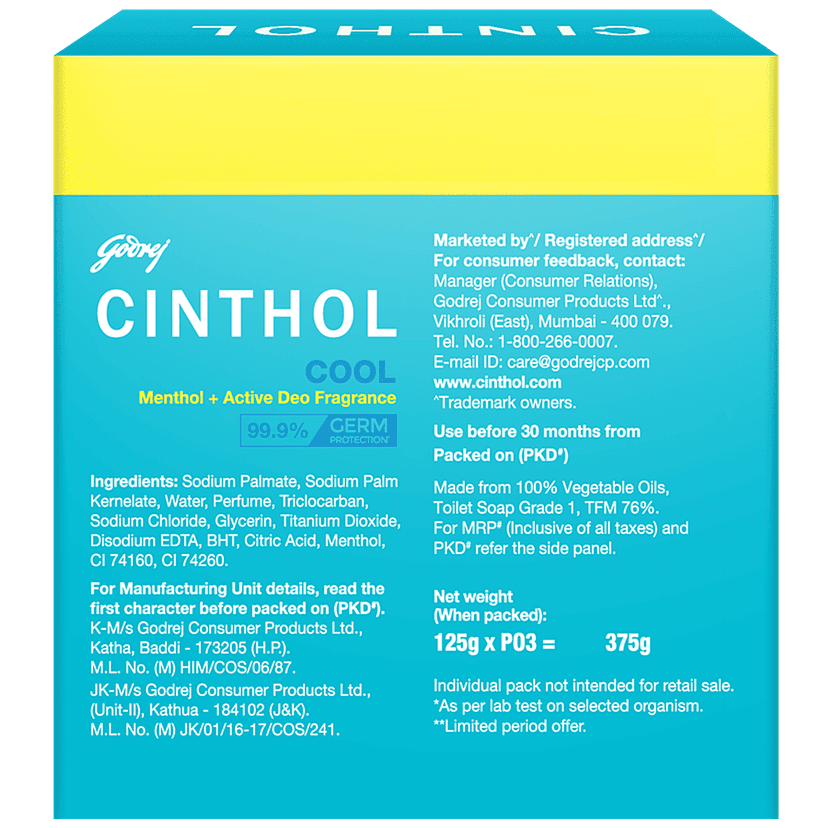 Cinthol Cool Menthol + Active Deo Fragrance Soap, 99.9% Germ Protection, 125 G (Pack Of 3) view 2