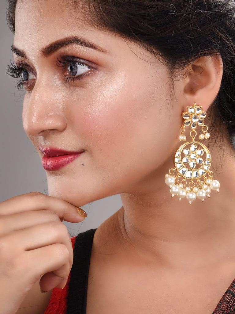 Gold Toned Kundan Studded & Pearl Beaded Circular Earrings view 3