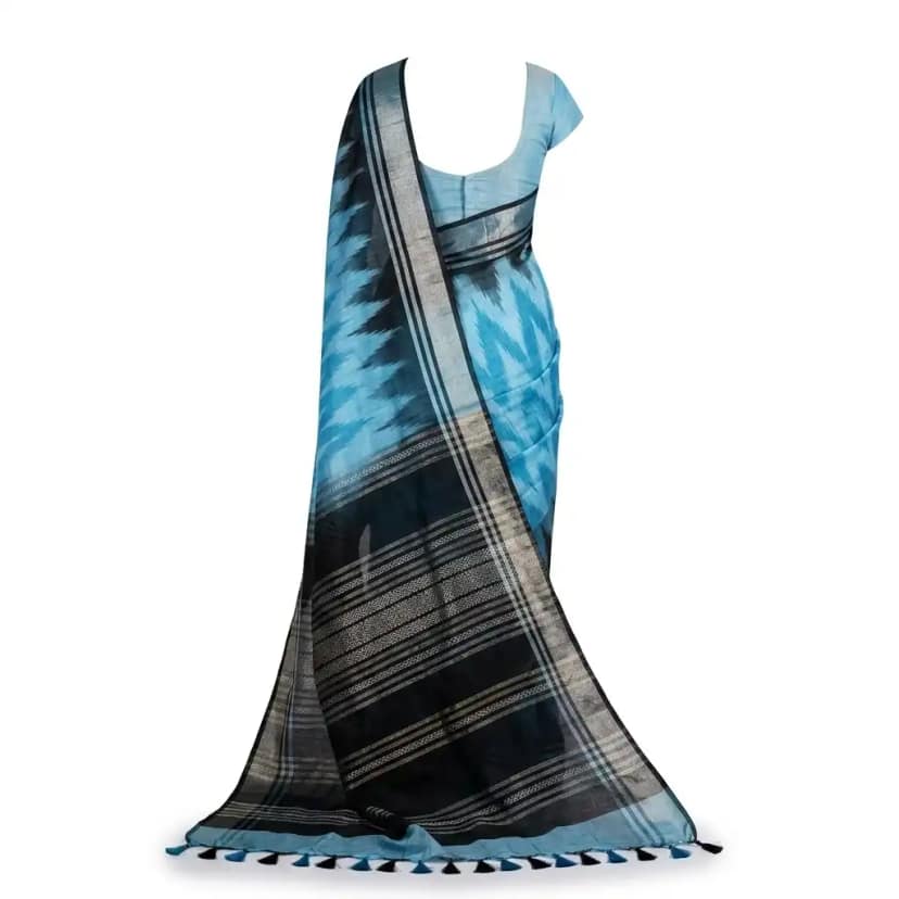 Turquoise Blue Printed Handloom Saree | Ethnic Woven Cotton view 2