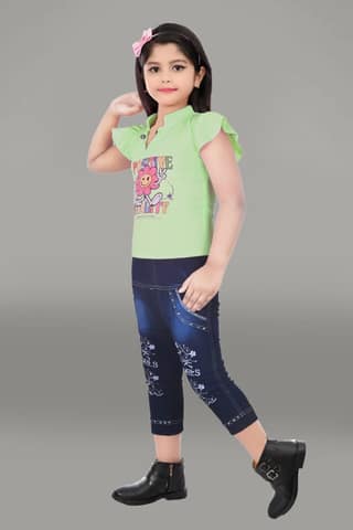 Green Cotton Printed T-shirt with Blue Denim Jeggings for Girls