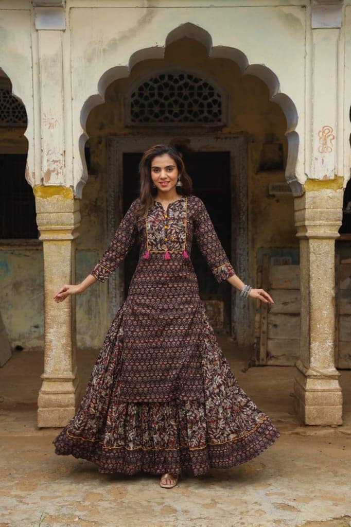 Cotton Skirt and Kurti Set (Size: 38-46) Brown Color Handblock Bagru Print-2195
