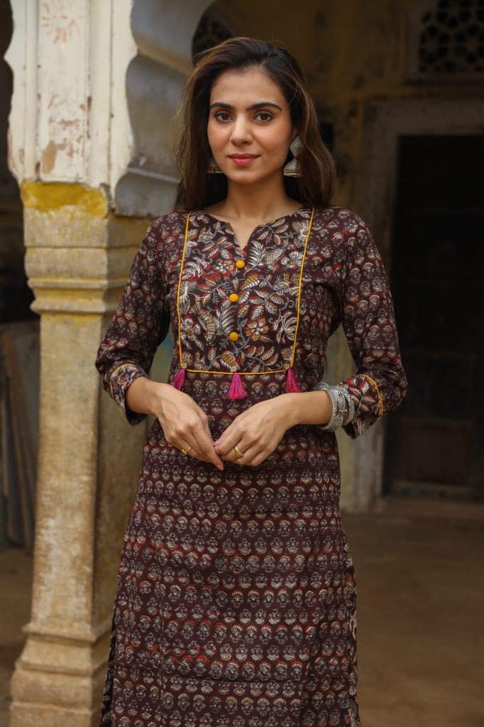 Cotton Skirt and Kurti Set (Size: 38-46) Brown Color Handblock Bagru Print-2195 view 2