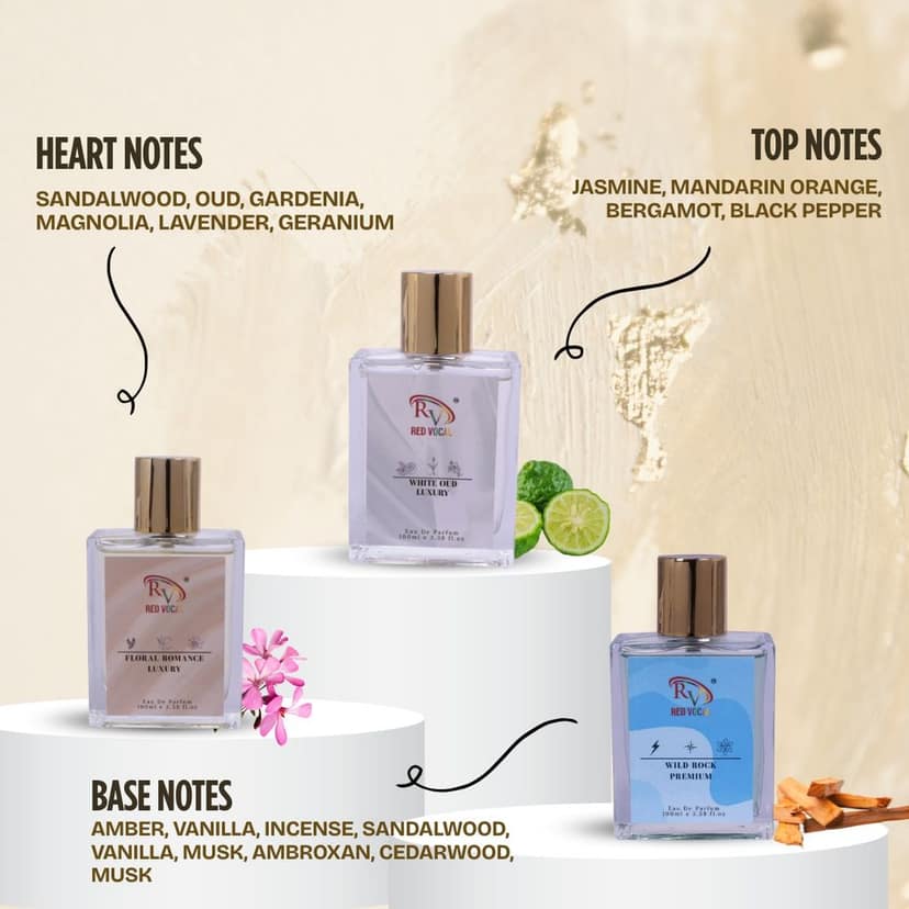 Red Vocal White Oud Luxury (Unisex), Wild Rock Premium (Men), Floral Romance Luxury (Women) 100ml Perfume Spray Combo – 3 x 100ml