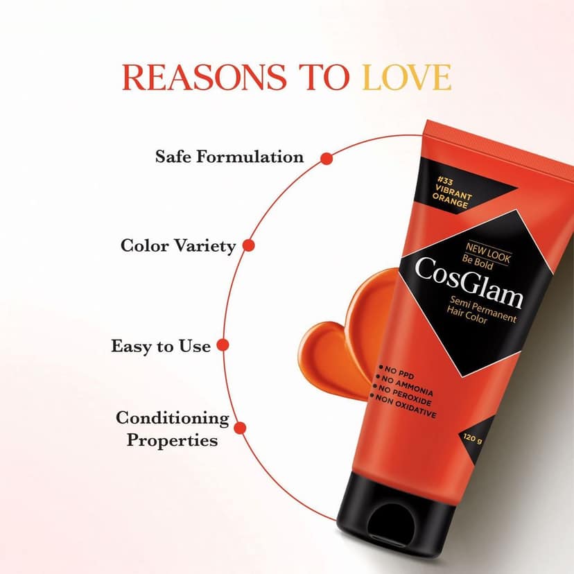 COSGLAM Semi Permanent Hair Color, No Peroxide, Non Oxidative, Ammonia Free Hair Colour 33 Vibrant Orange - 120gm view 4