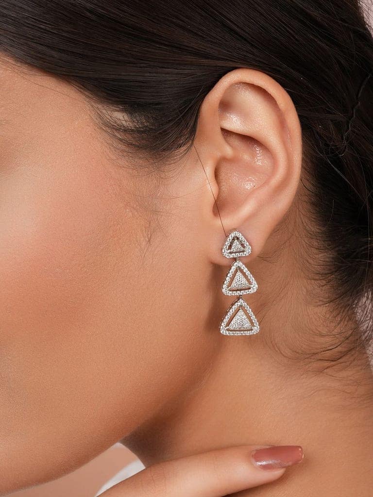 925 Sterling Silver Rhodium Plated CZ Pyramid Drop Earrings view 2