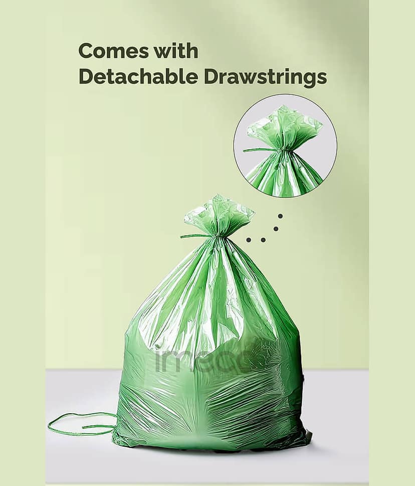 Eco-Friendly Garbage Bags | 90 Pcs | Small - 17 X 19 Inches | 30 Pcs x 3 Rolls | Green | Dustbin/Trash Bags with Detachable Drawstrings | Perfect for Dry & Wet Waste view 2