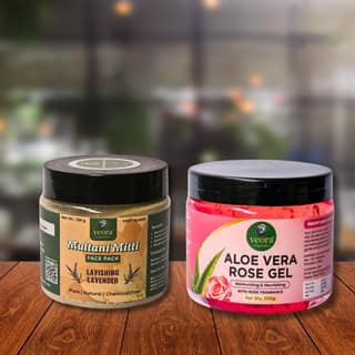 Veora Organics Aloe Vera Rose Gel & Multani Mitti Face Pack Lavishing Lavender Combo | Hydrating Aloe Vera Gel with Deep Cleansing Face Mask | Skin Brightening, Oil Control & Moisturizing | Natural Chemical-Free Skincare | 200g + 120g