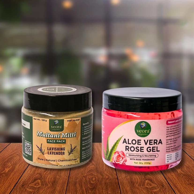 Veora Organics Aloe Vera Rose Gel & Multani Mitti Face Pack Lavishing Lavender Combo | Hydrating Aloe Vera Gel with Deep Cleansing Face Mask | Skin Brightening, Oil Control & Moisturizing | Natural Chemical-Free Skincare | 200g + 120g