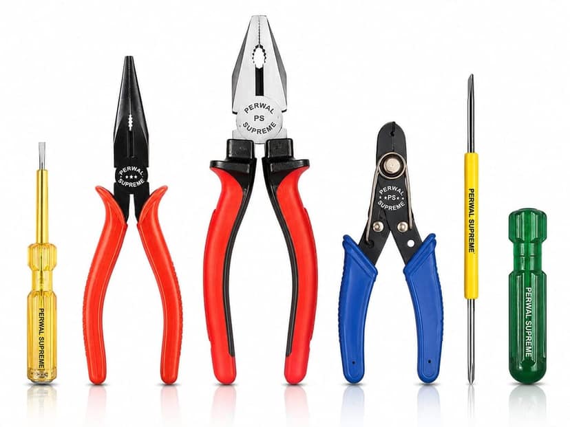 Perwal Supreme Pack of 5, 1 pcs. Combination Plier 200mm, 1 pcs Wire Stripper 130mm, 1 pcs LIne Tester, 1 pcs Nose Plier, 1 pcs. 2in1 screwdriver, Cutting Plier For Home uses
