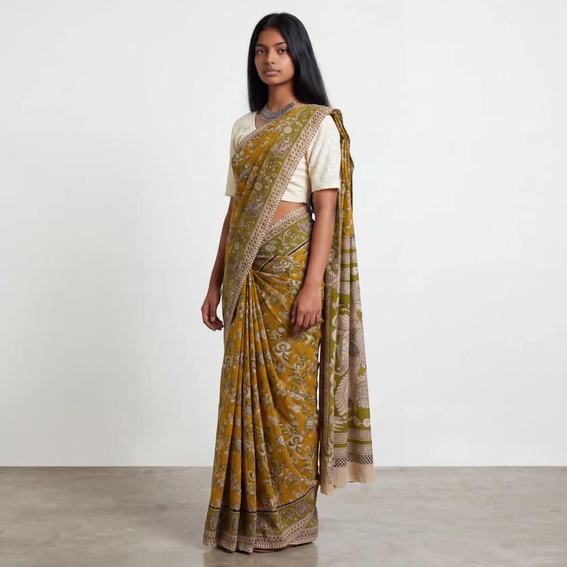 Pedana Kalamkari Screen-Print Mulmul Cotton Saree in Khaki Green view 2