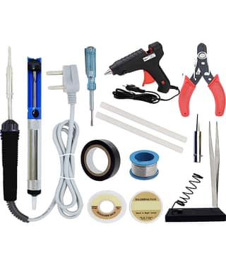 ALDECO: ( 14 in 1 ) 25 Watt Soldering Iron Kit With- Blue Iron, Wire, Flux, Wick, Stand, Cutter, Tester, Bit, Desoldering Pump ,Tweezer, Tape, Glue Gun, 2 Glue Stick