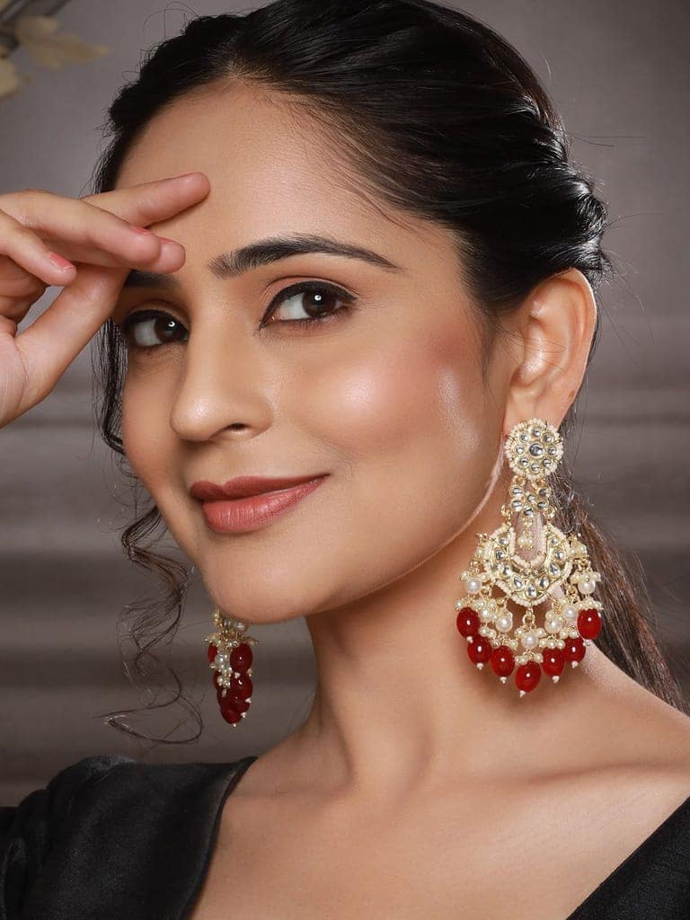 Gold Toned Kundan & Maroon Pearl Beaded Delicate Floral Chandbali Earrings view 2