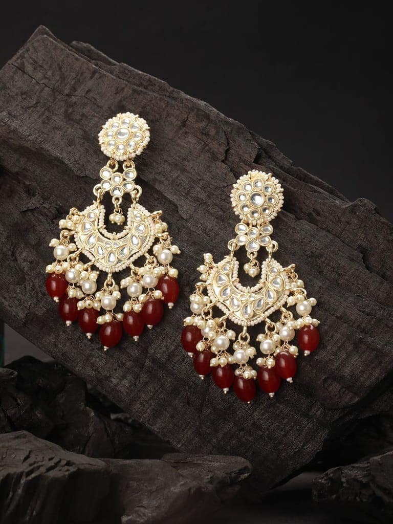 Gold Toned Kundan & Maroon Pearl Beaded Delicate Floral Chandbali Earrings view 3