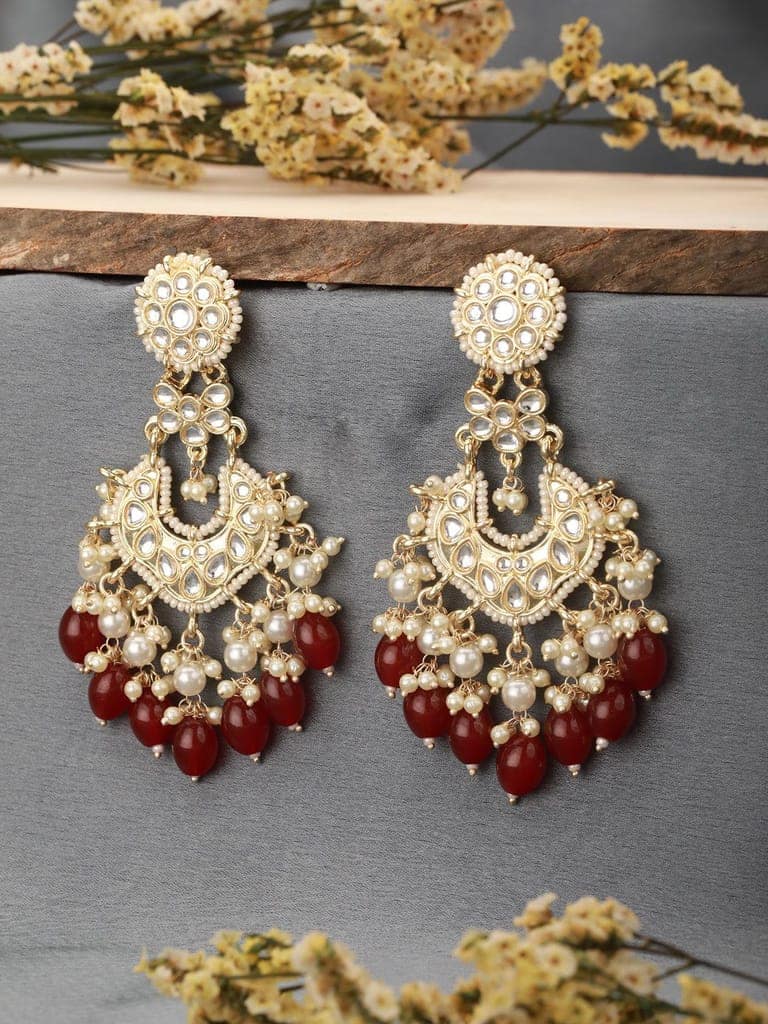 Gold Toned Kundan & Maroon Pearl Beaded Delicate Floral Chandbali Earrings view 4