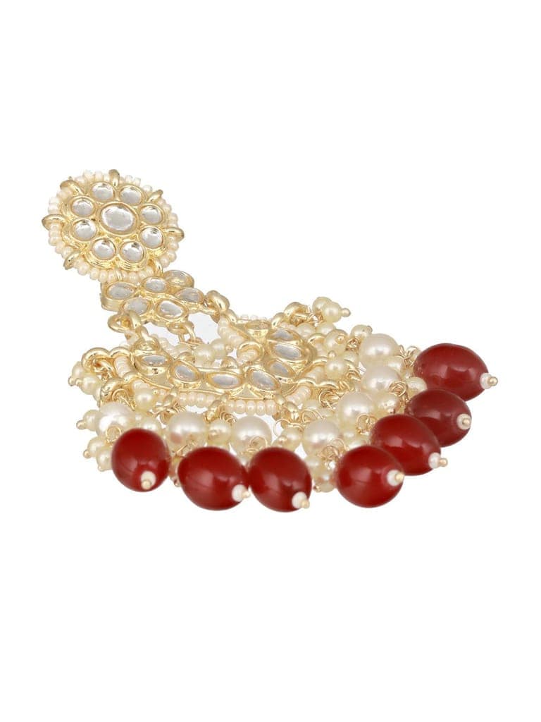 Gold Toned Kundan & Maroon Pearl Beaded Delicate Floral Chandbali Earrings view 5