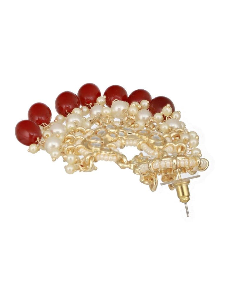 Gold Toned Kundan & Maroon Pearl Beaded Delicate Floral Chandbali Earrings view 6