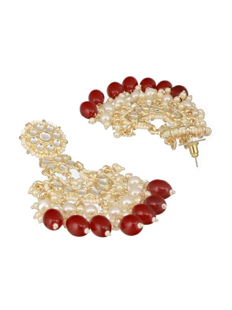 Gold Toned Kundan & Maroon Pearl Beaded Delicate Floral Chandbali Earrings view 7