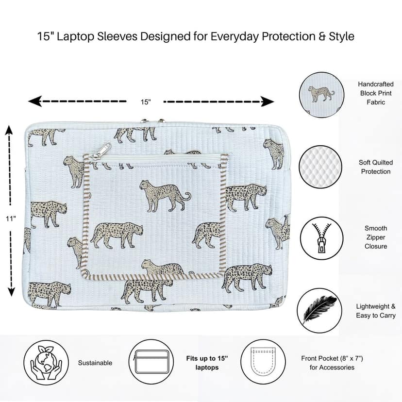 Wild Roar Block Print Quilted Cotton Laptop Sleeve With Front Pocket White 10"X15" view 3