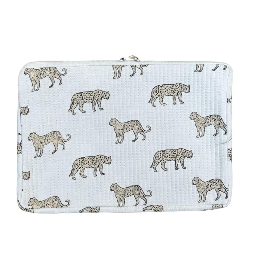 Wild Roar Block Print Quilted Cotton Laptop Sleeve With Front Pocket White 10"X15" view 4
