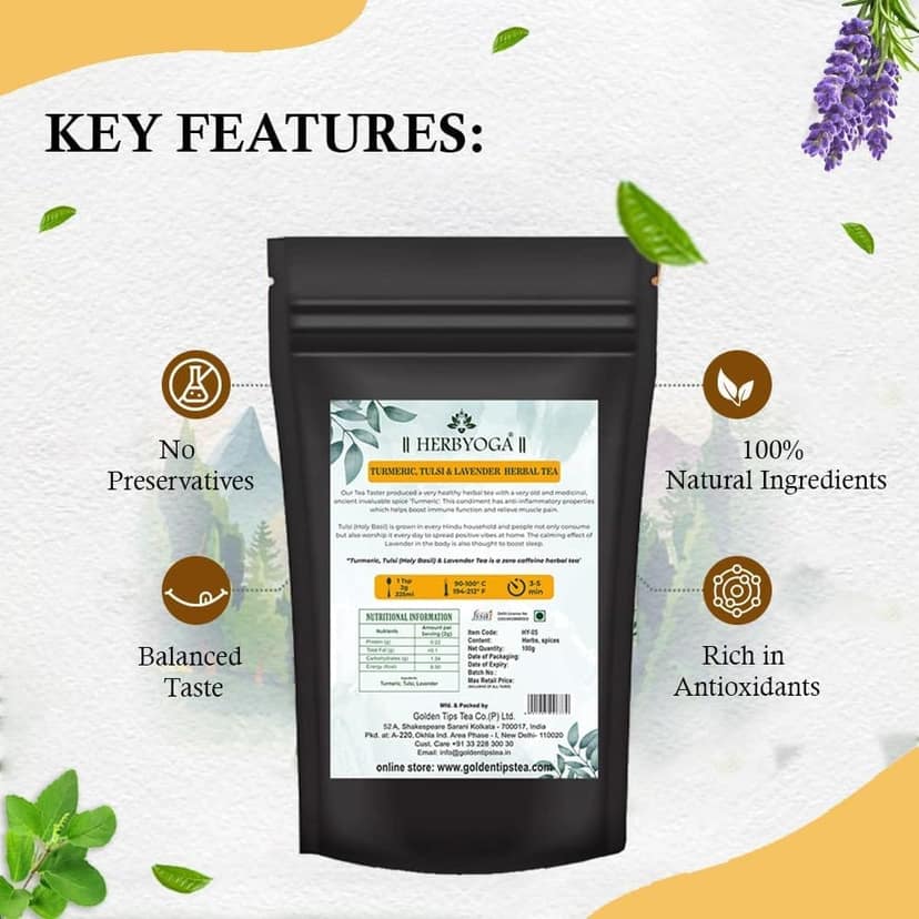 Golden Tips HERBYOGA Herbal Tea Tulsi, Turmeric and Lavendar Pouch (100 Gram, 50 cups) view 4