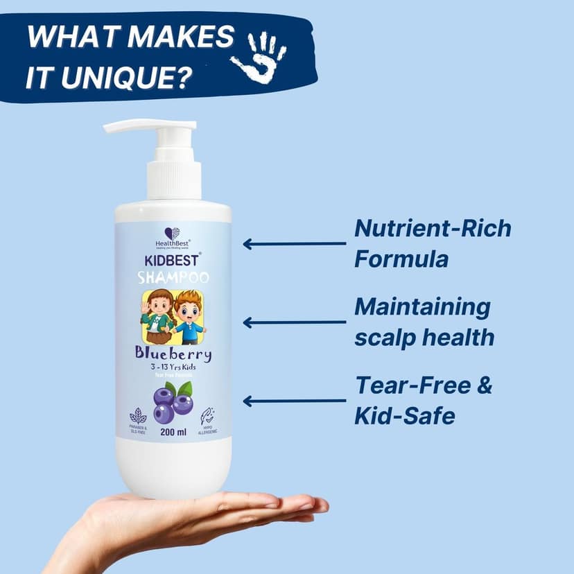 HealthBest Kids Gentle Cleansing Shampoo 200 ml for 3-13 Years with Real Blueberry Extract Tear-Free Hypoallergenic pH 5.5 Sulphate and Paraben Free Vegan Safe for Sensitive Scalps view 3