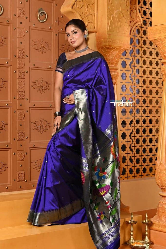 Shubh ~ Handloom Pure Silk Silver Zari Muniya Border Paithani Saree with Exclusive Lotus Pallu in Royal Blue view 2