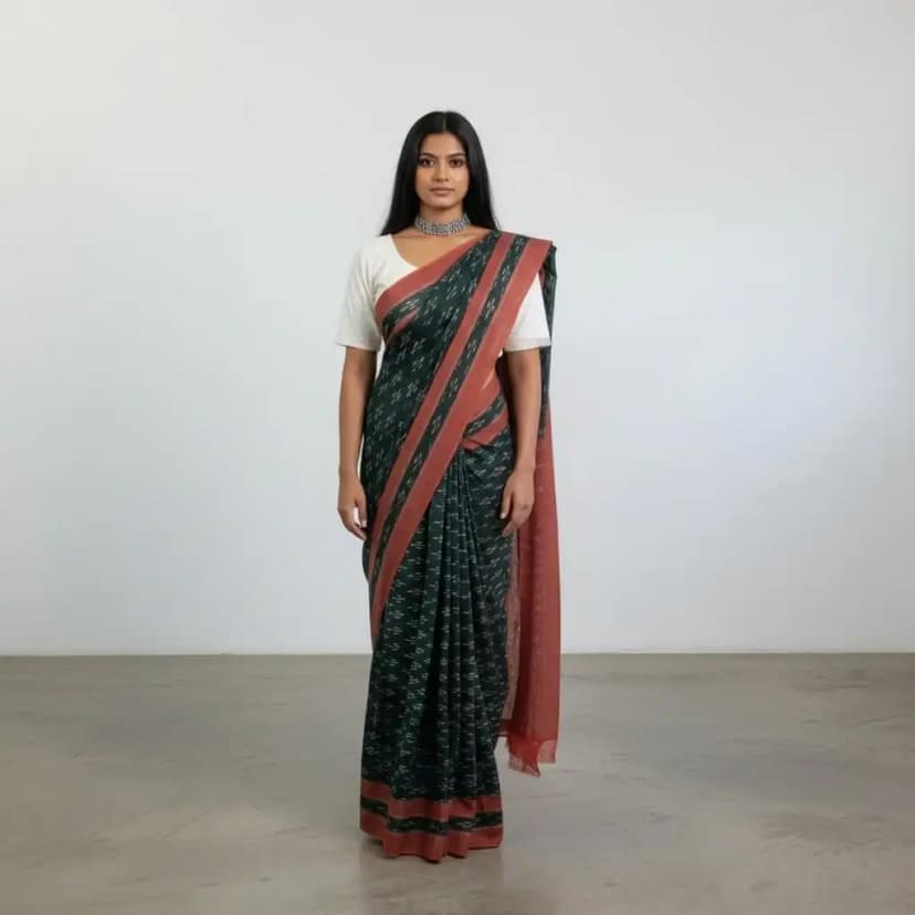 Teal Green Pochampally Ikat Cotton Saree with Temple Border