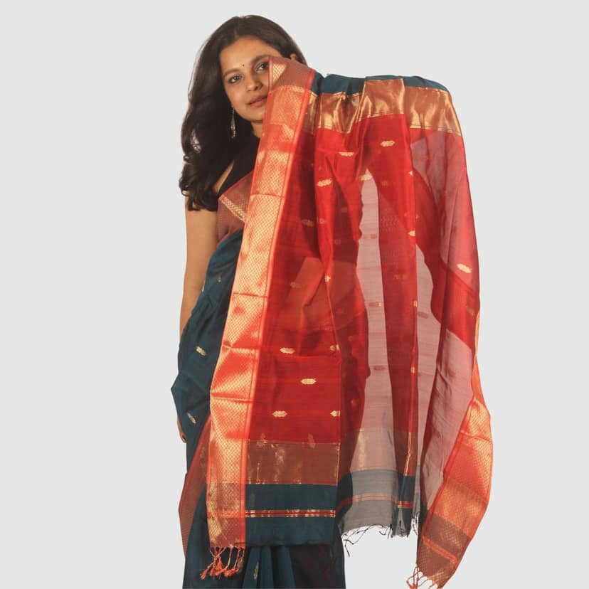 Teal Green and Maroon Maheshwari Silk Cotton Saree with Gold Zari Border view 7