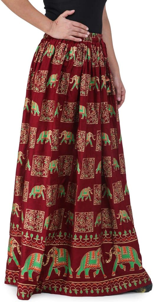 Ruby-Wine Digitally Printed Casual Skirt with Motifs of Elephants And Flowers From Pilkhuwa view 2