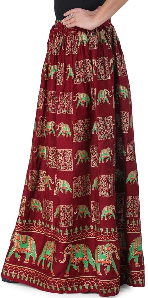 Ruby-Wine Digitally Printed Casual Skirt with Motifs of Elephants And Flowers From Pilkhuwa view 3