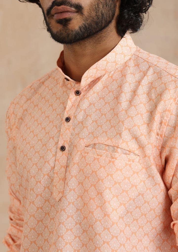 Poly Cotton Printed Men's Short Kurta - Orange view 2