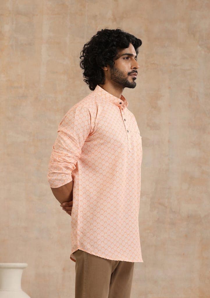 Poly Cotton Printed Men's Short Kurta - Orange view 3