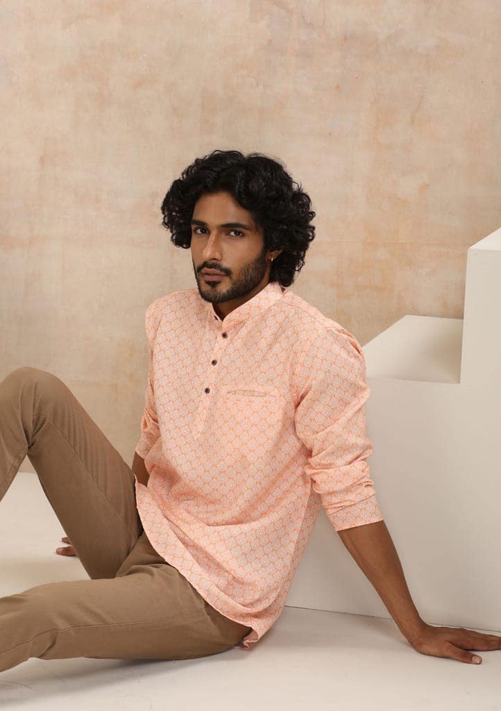 Poly Cotton Printed Men's Short Kurta - Orange view 4