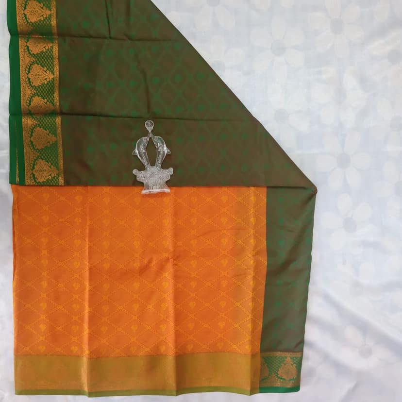 Poonthamil Silk Cotton Saree with Blouse - Orange view 4
