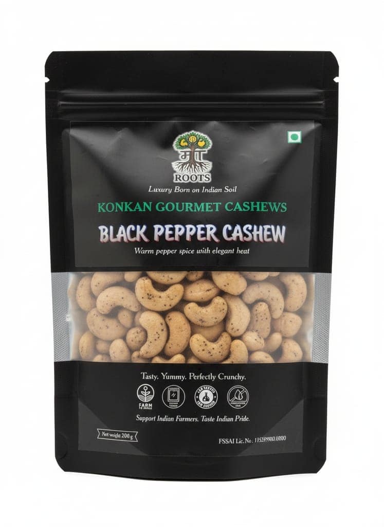 Maa Roots Black Pepper Cashews 200g | Pepper Flavoured Konkan Cashews | Premium Whole Kaju | Bold, Warm & Aromatic Snack