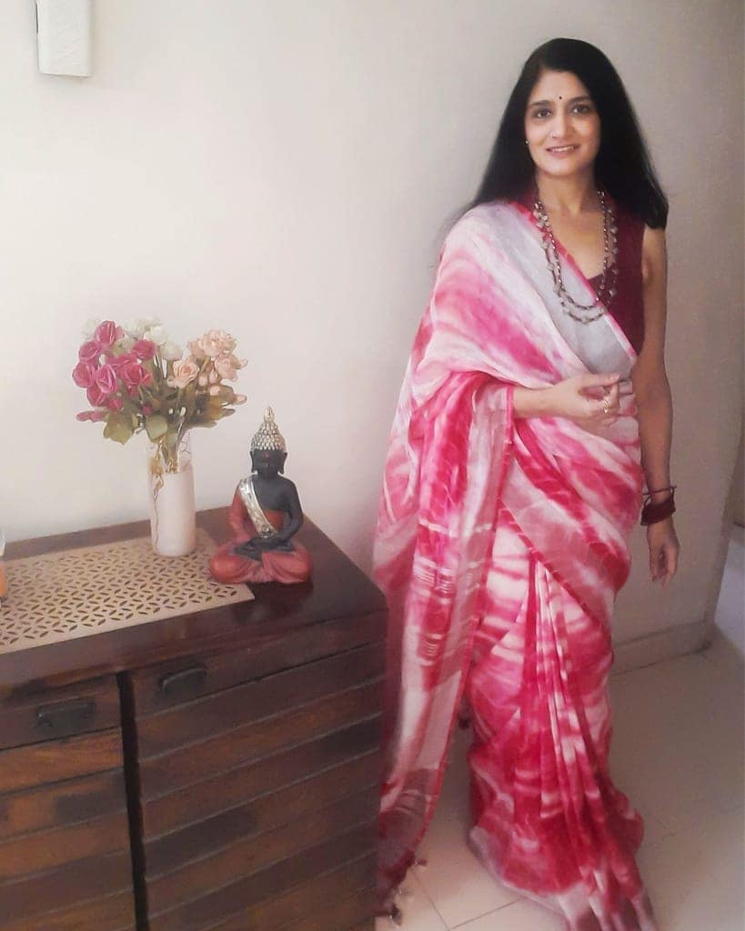 Linen Shibori Pink Hand Dyed Saree with Blouse-4232 view 6