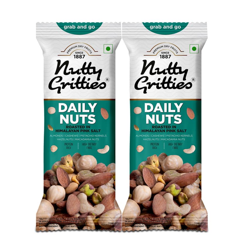 Nutty Gritties Daily Nuts with 5 Exotic Nuts Macadamias, Hazelnuts, Pistachio Kernels, Almonds, Cashews, 35 gm - Pack of 2