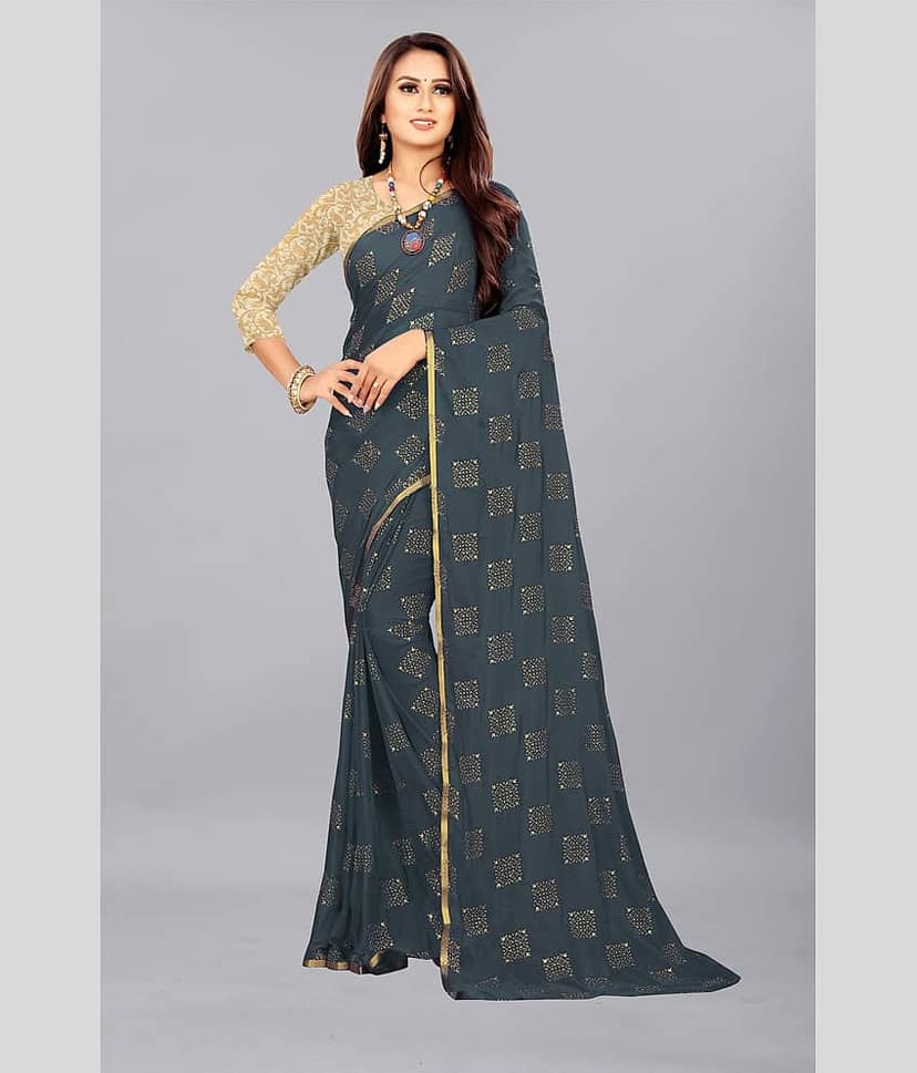Rhey Chiffon Printed Saree With Unstitched Blouse Piece ( Navy Blue )