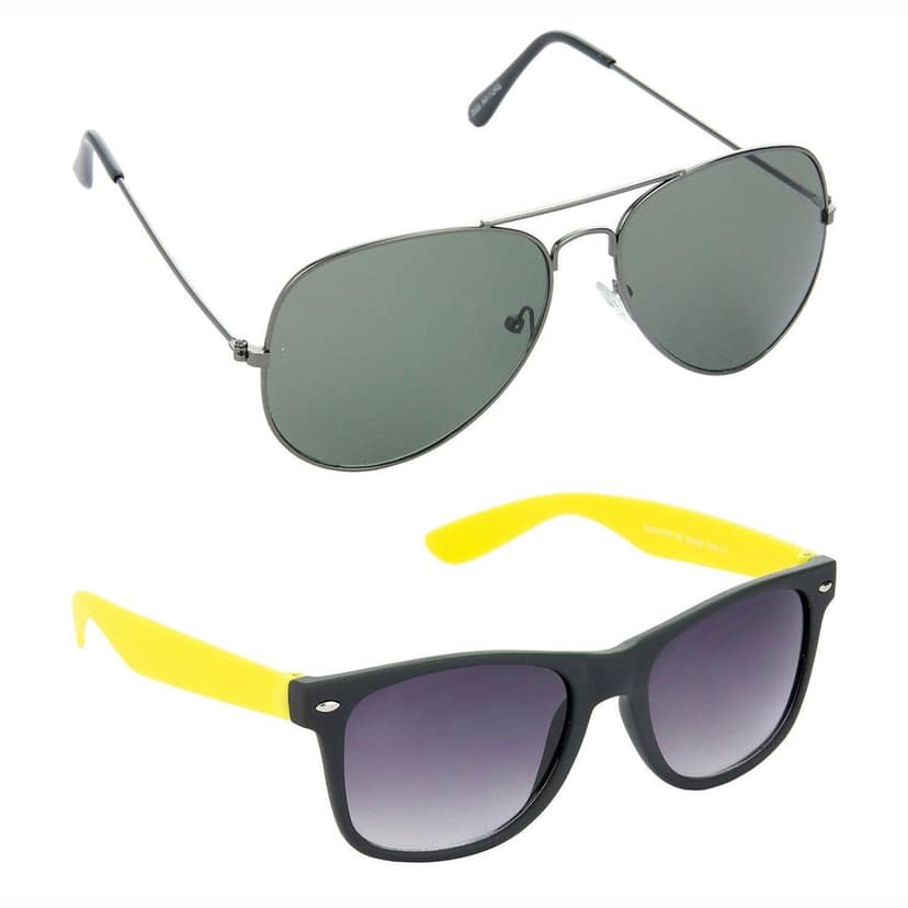 HRINKAR Men Women Boys & Girls Pilot & Rectangular Sunglasses Grey & Yellow Frame, Green & Grey Lens (Medium) Pack of - 2