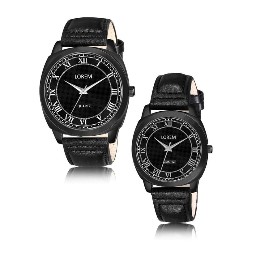 LOREM Couple Watches with Black Dial, Roman Numerals, Faux Leather Strap, Quartz Movement