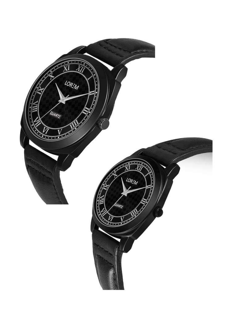 LOREM Couple Watches with Black Dial, Roman Numerals, Faux Leather Strap, Quartz Movement view 3
