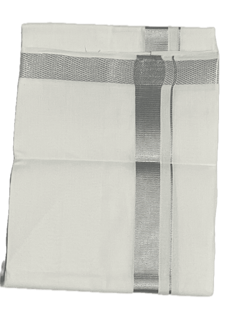 Pure white cotton Dhothi - Big Silk Border Mundu - Silk and Silver colours Dothi view 4