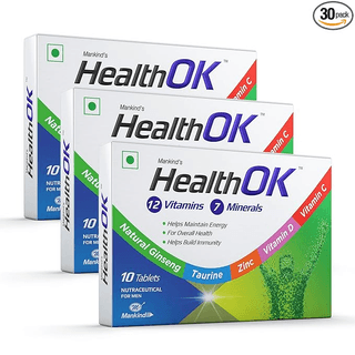 Health OK Multivitamin with Natural Ginseng Taurine power Daily Energy alertness Vitamin D C & other 17 multivitamins minerals for Overall Health 10 Tablets x Pack of 3
