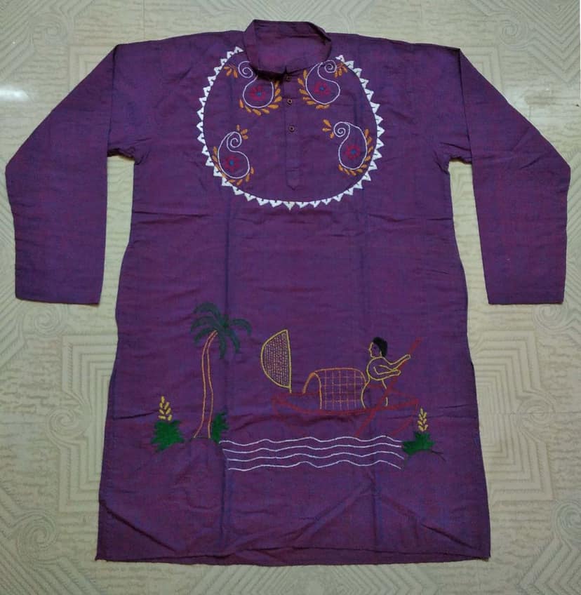 Classic Folk Designed Kantha Stitched Pure Cotton Kurta for Men view 4