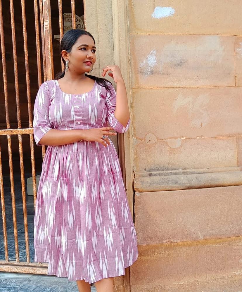 Pure Cotton Ikkat Dress Maverick Purple Colour (Size XXS(32) to Plus Size(56))-7196 view 2