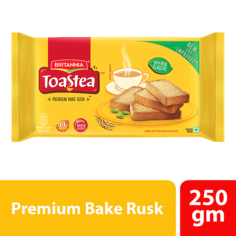 Britannia Toastea Premium Bake Rusk With Goodness Of Elaichi, Sooji & Wheat, 250 g
