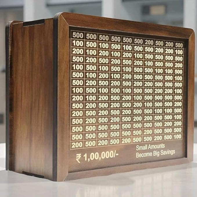 Wooden Money Box with ₹1,00,000 Savings Challenge Goal