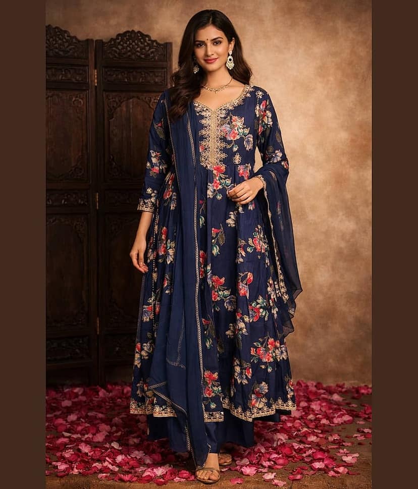 Aarika Women Cotton Blend Embroidered Flared Kurti With Pants ( Navy Blue )