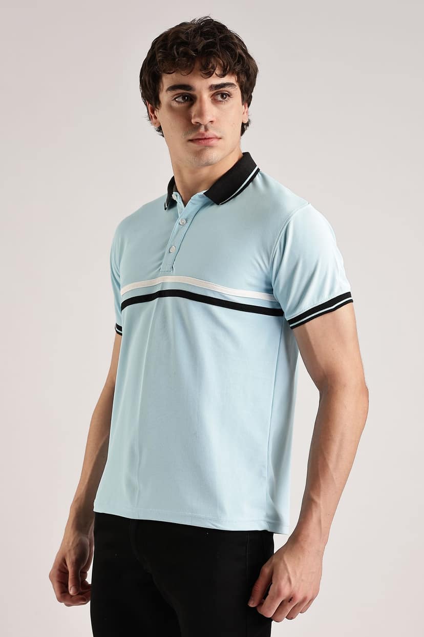 Polyester Sky Blue Striped Polo view 8