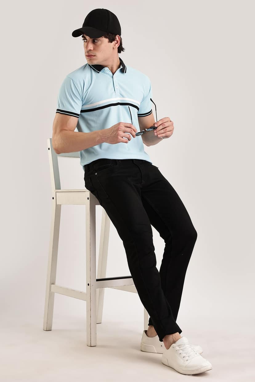 Polyester Sky Blue Striped Polo view 9